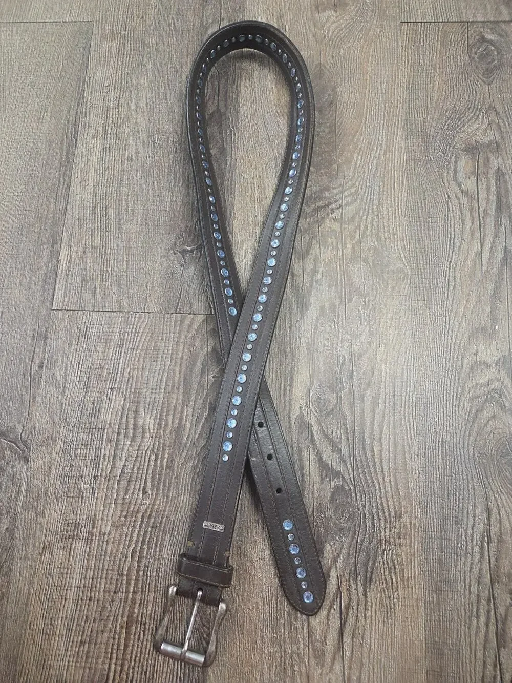 ARIAT Women's Blue Rhinestone Bling Western Dark Brown Leather Belt 33-37